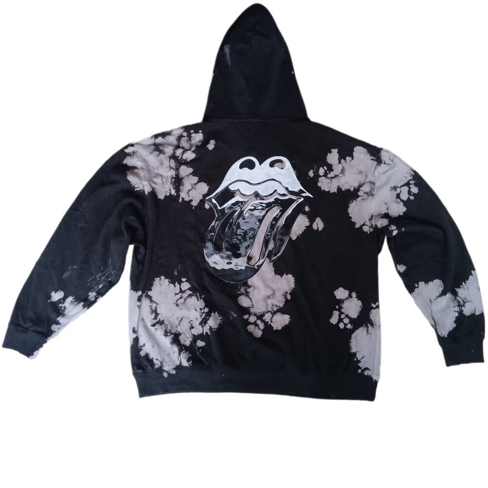 The Rolling Stones Men's Tongue Tie Dye Vintage Black Wash Hoodie Sweatshirt XXL
